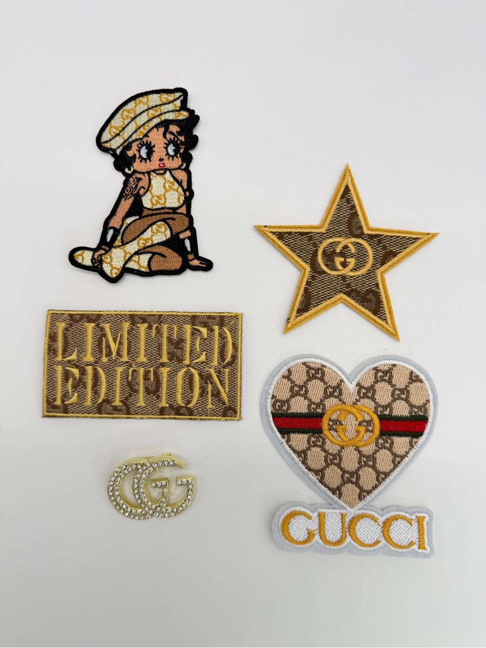 New 5pc Designer-Inspired Gold & Tan Embroidered Patch\Brooch Set